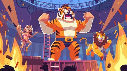 During performance, circus cartoon characters are depicted. The modern strongman shows his muscles, the gymnast wears a costume and the tiger is on a stand.