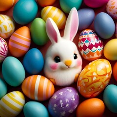 Fototapeta na wymiar AI generated illustration of a cute little bunny surrounded by colourful Easter eggs