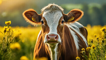 Portrait of brown cow in field with yellow flowers. Farm animal. Blurred natural backdrop