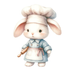 Adorable bunny chef in blue outfit, stirring with a wooden spoon, embodying culinary creativity and kitchen fun, Concept of cooking, creativity, and cute illustrations
