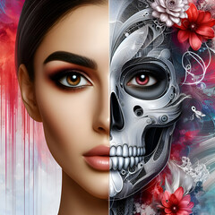 Floral Skull Symmetry: Beauty Amidst Technology