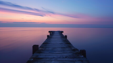 An old long wooden pier extending out into the quiet, calm sea with no one under the purple sky that darkened as the sun set. Lake at sunset, old and long wooden pier. Generative AI - obrazy, fototapety, plakaty