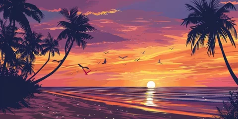 Foto op Canvas Scenic beach painting with palm trees and sunset. Tranquil tropical paradise © Irfanan