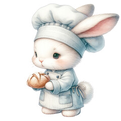 Cute bunny chef holding a freshly baked croissant, in a blue chef's uniform, depicting delicious pastry making, Concept of baking, comfort food, and delightful illustrations
