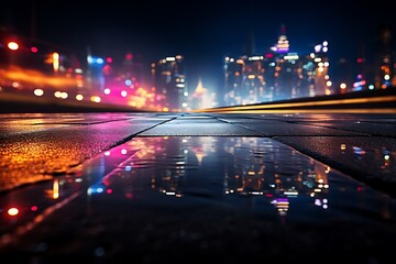 wooden floor with bokeh background in city at night.
