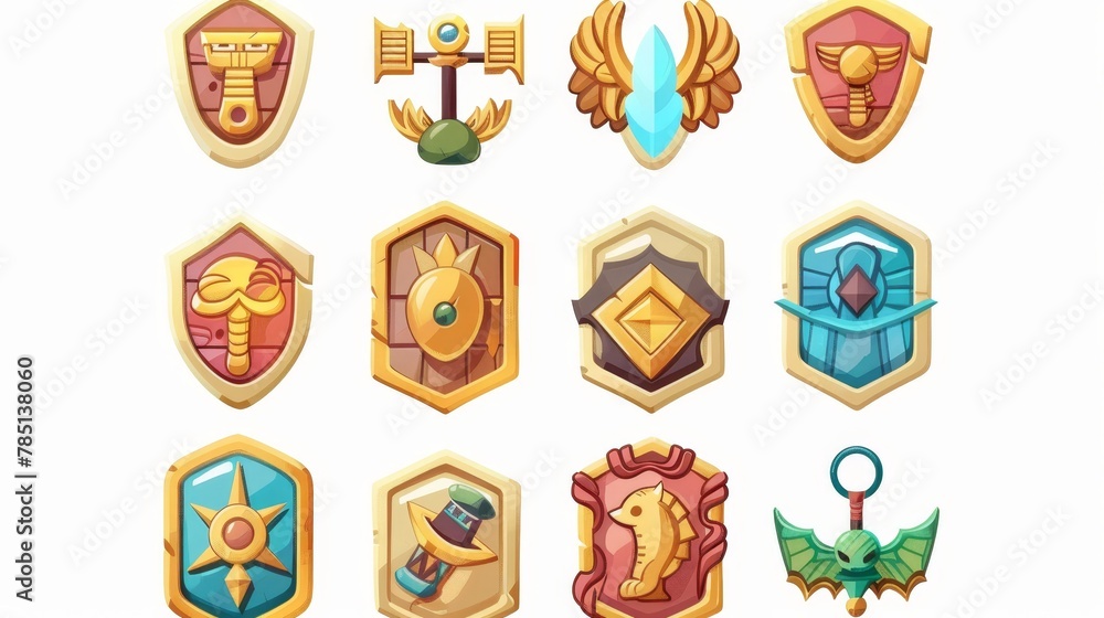 Poster ui elements and buttons from the egyptian game user interface. modern illustration of menu badges an