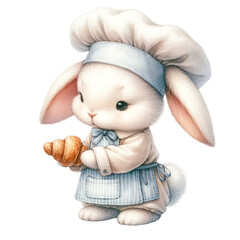 Delightful rabbit chef examining a golden croissant, in chef attire, reflecting culinary inspection and quality, Concept of baking, quality control, and charming illustrations
