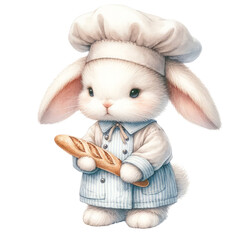 Endearing bunny chef presenting a baguette, dressed in a blue striped chef's uniform, showcasing artisan bread, Concept of artisanal baking, gourmet food, and sweet illustrations
