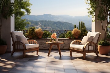 Luxury terrace with wicker armchairs and table on terrace