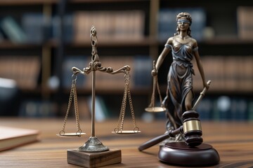 Brown gavel on a wooden table and a lawyer in the background, Lawyer background, law background, justice background, gavel on a wooden table, lawyer, law, justice  - obrazy, fototapety, plakaty