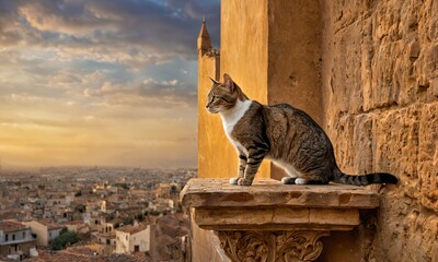AI generated illustration of a cat on ledge watching city at sunset - obrazy, fototapety, plakaty