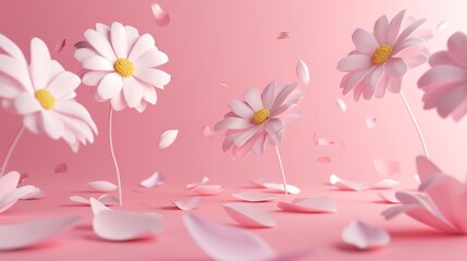 On a pink background, 3D daisy flowers lay on their fallen petals.
