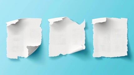 On blue background, set of torn paper pieces are attached with sticky tape. Modern realistic illustration of ripped sheet with uneven edges, memo strip with grid, stripe, dot design. - obrazy, fototapety, plakaty