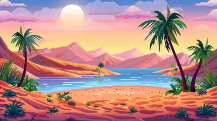 Fototapeta na wymiar Cartoon panorama of a desert sunset or sunrise. Palm trees and plants in hot dry safari landscape with dune hills, water in lake, and water in pond. Modern illustration of an african landscape in