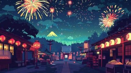 Obraz premium An illustration of the summer festival banner in Japan, including foods, games, and fireworks.