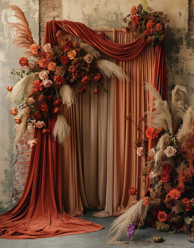 Exquisite terracotta floral backdrop with drapes