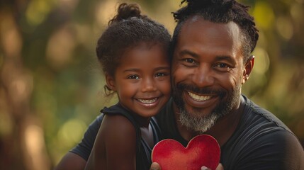 On Father's Day, a happy daughter hugs her dad with a heart in her hands - Powered by Adobe