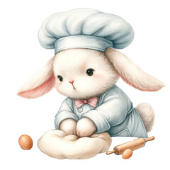 Enthusiastic bunny chef kneading dough, in a blue chef outfit, demonstrating the art of baking, Concept of baking, culinary arts, and inspiring illustrations

