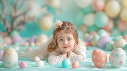 Fototapeta na wymiar Adorable girl with Easter eggs on floor