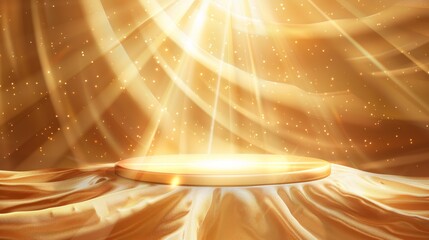 Featuring a round podium under a golden soft satin fabric cover, light beams and glowing particles, a modern platform covered with a cloth blanket, and a gold silk waved curtain hiding the product