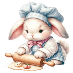 Adorable bunny chef rolling pastry dough, in a gingham chef's outfit, capturing the essence of home baking, Concept of home baking, pastry making, and heartwarming illustrations
