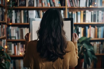 Screen display over shoulder of a girl holding an ebook with an entirely black screen
