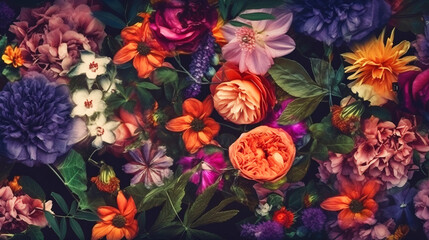 Texture of live mixed european multicolored blooming flowers for background, wallpaper. AI generated.