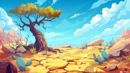 Canyon desert landscape with baobab tree and cacti. Cartoon illustration of rocky stones, sandy ground with cracks, exotic plants, wild blue sky with clouds. - obrazy, fototapety, plakaty
