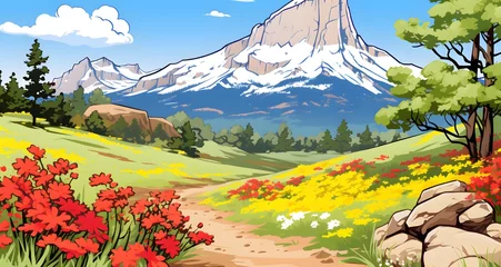  AI generated illustration of flowers and trees in a meadow with distant mountains © Wirestock
