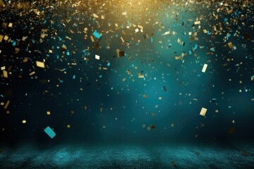Cyan background, football stadium lights with gold confetti decoration, copy space for advertising banner or poster design - obrazy, fototapety, plakaty