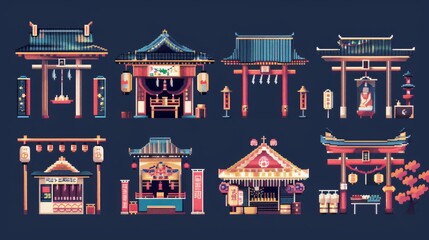 An illustration of a gaming booth, Japanese cuisines, and performances at a summertime fete isolated on dark blue background.