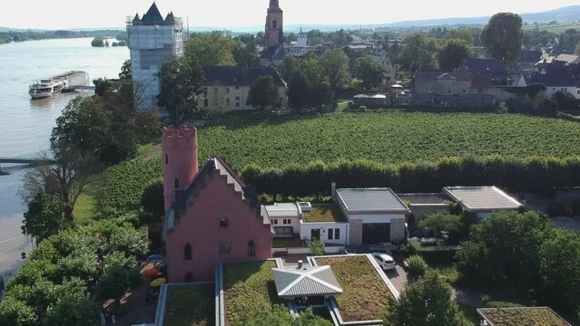 Drone footage of the Rhein river and Eltville town in Germany