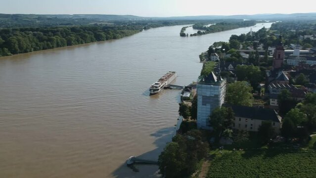 Drone footage of the Rhein river and Eltville town in Germany