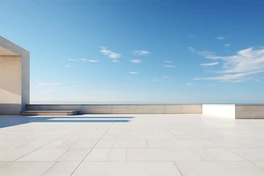 empty concrete terrace with sea view and blue sky, 3d rendering