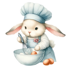 Cute bunny chef whisking eggs in a bowl, dressed in a blue striped chef's uniform, illustrating the joy of baking, Concept of home baking, preparation, and engaging illustrations
