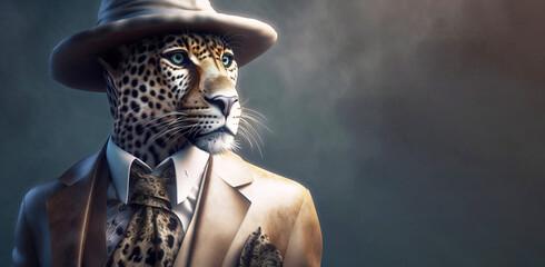 Gentleman, the boss is a formidable spotted leopard in a hat, suit and tie. Banner header. AI generated.
