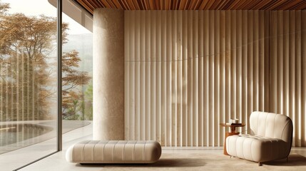 Minimalist Interior with Fluted Wall Design and Nature View