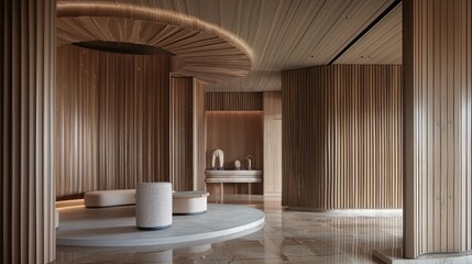 Modern Circular Fluted Wood Interior with Artistic Decor