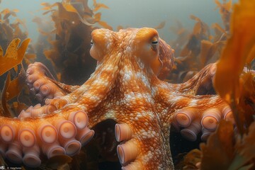 AI generated illustration of an octopus resting on seaweed in the sea