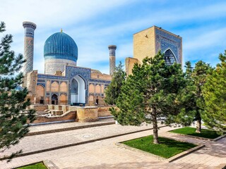 Naklejka premium Gur-e-Amir or Guri Amir is a mausoleum of the Turco-Mongol conqueror Timur (also known as Tamerlane) in Samarkand, Uzbekistan.
