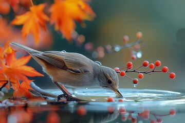 AI generated illustration of a bird perched on branch sips from shallow water - obrazy, fototapety, plakaty