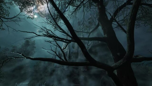 A mysterious castle on the marshes is illuminated by flashes of lightning. Camera movement through tree branches in a spooky forest.