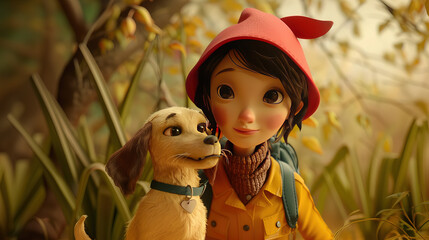 A girl and her dog. Clay animation character. Generative AI.