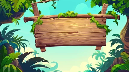 Foto op Canvas Modern illustration of a wooden signboard on a rainforest background decorated with green vines, liana arches, game design elements, and blue skies. © Mark