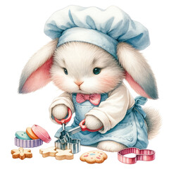 Playful bunny chef using cookie cutters on dough, in a blue apron, showcasing the fun of cookie making, Concept of baking, creative play, and heartwarming illustrations
