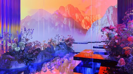 Chinese style colorful glass landscape poster background
