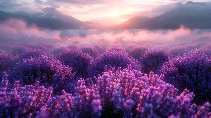 Küchenrückwand glas motiv AI generated illustration of purple flowers in sunset light with mountain backdrop and cloudy sky © Wirestock