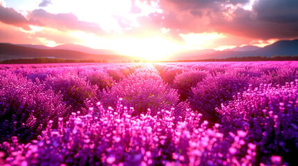 AI generated illustration of vibrant purple flowers in a field under a cloudy sky