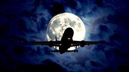 AI generated illustration of an airplane departing airport with moon in background - obrazy, fototapety, plakaty