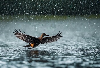 AI-generated illustration of a bird in flight with wings extended during the rain